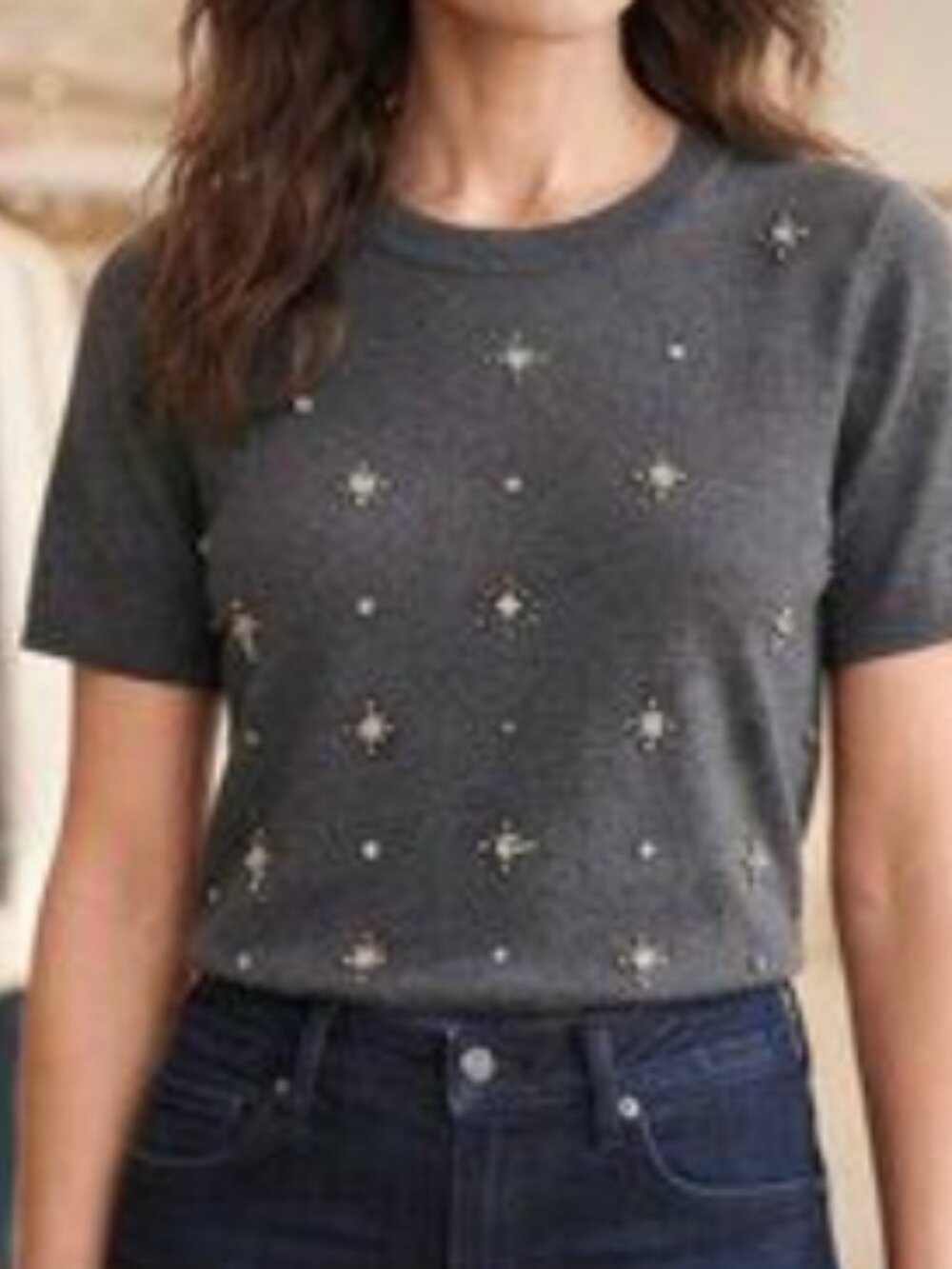 Charter Club Charcoal Gray Pearl Beaded Star Cotton Tee Size M